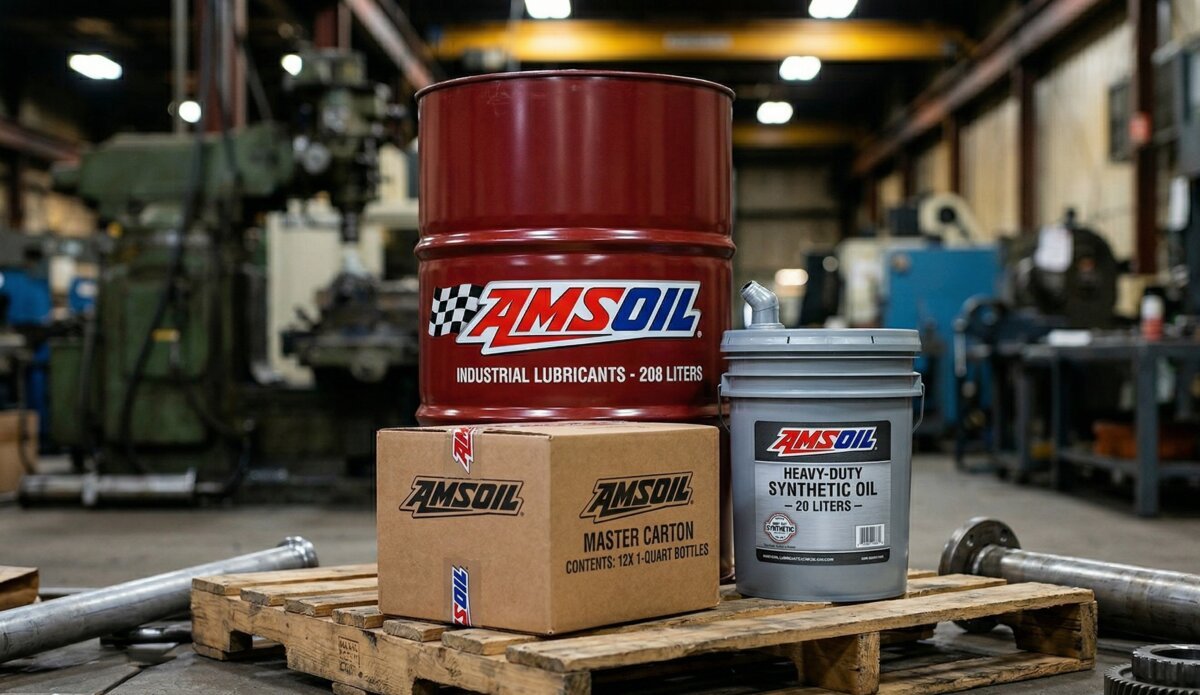 Gamme de produits AMSOIL — baril 208 litres, chaudiere 20 litres et caisses