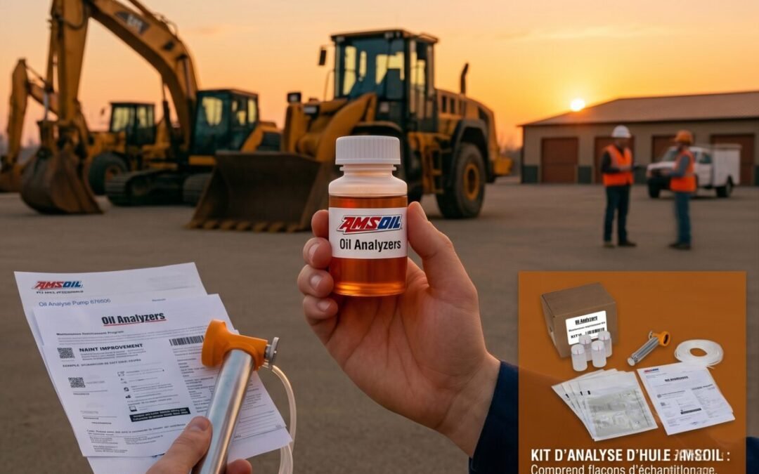Kit d'analyse d'huile AMSOIL Oil Analyzers : flacon, pompe à dépression et formulaire de soumission