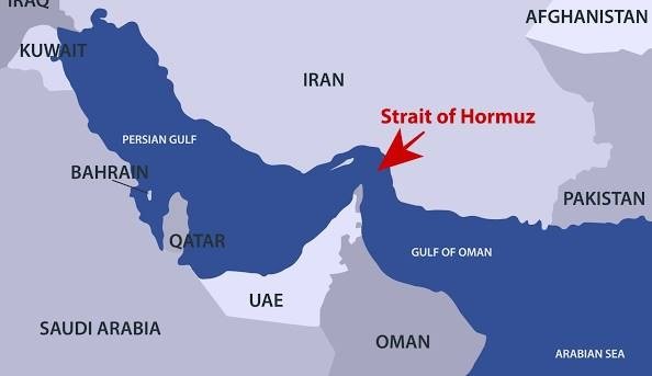 Carte geographique du detroit d Ormuz entre l Iran et le golfe Persique, point cle du transport mondial de petrole et matieres premieres lubrifiants