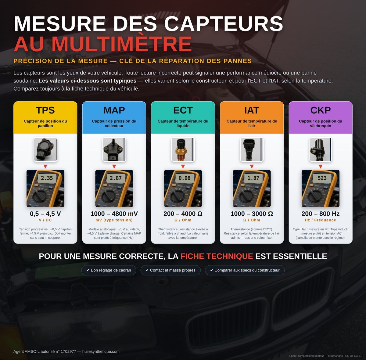 Infographie : mesure des 5 capteurs (TPS, MAP, ECT, IAT, CKP) au multimètre