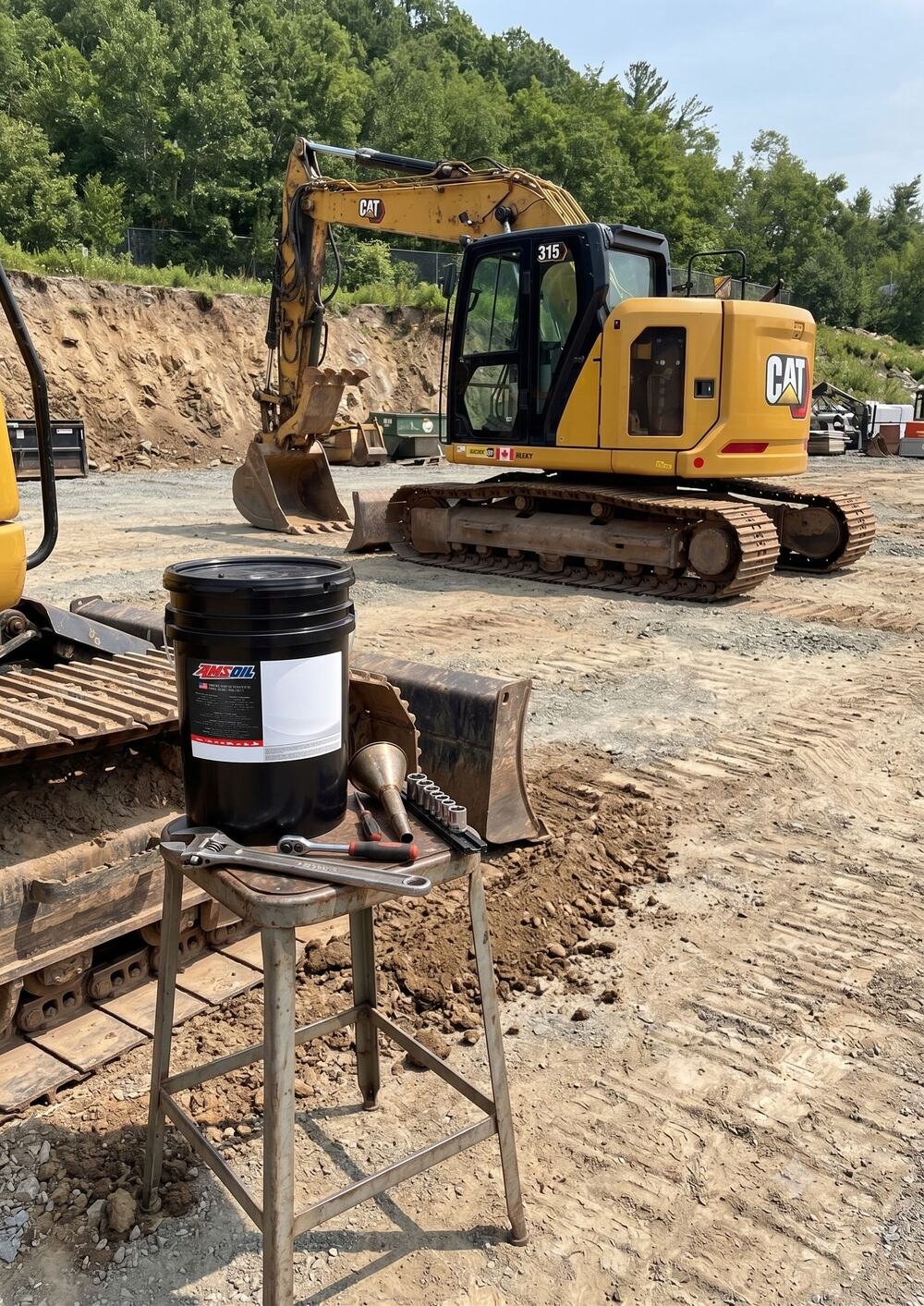 Seau d'huile hydraulique synthétique AMSOIL ISO 46 devant une excavatrice Caterpillar 315 sur un chantier au Québec