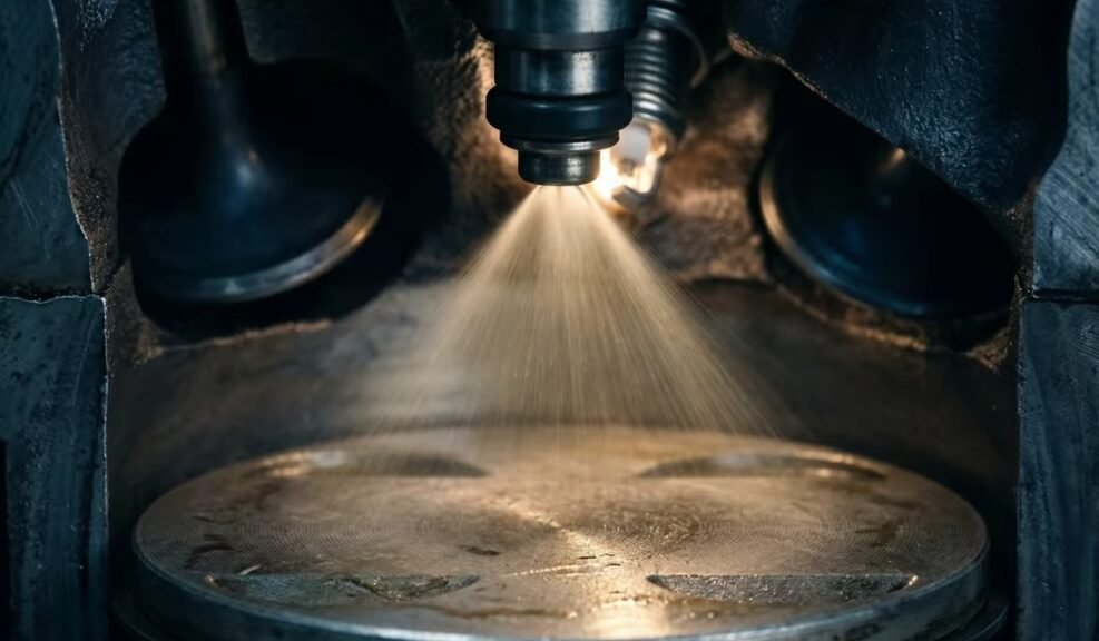 Injecteur qui pulvérise un cône de carburant vers le piston dans le cylindre