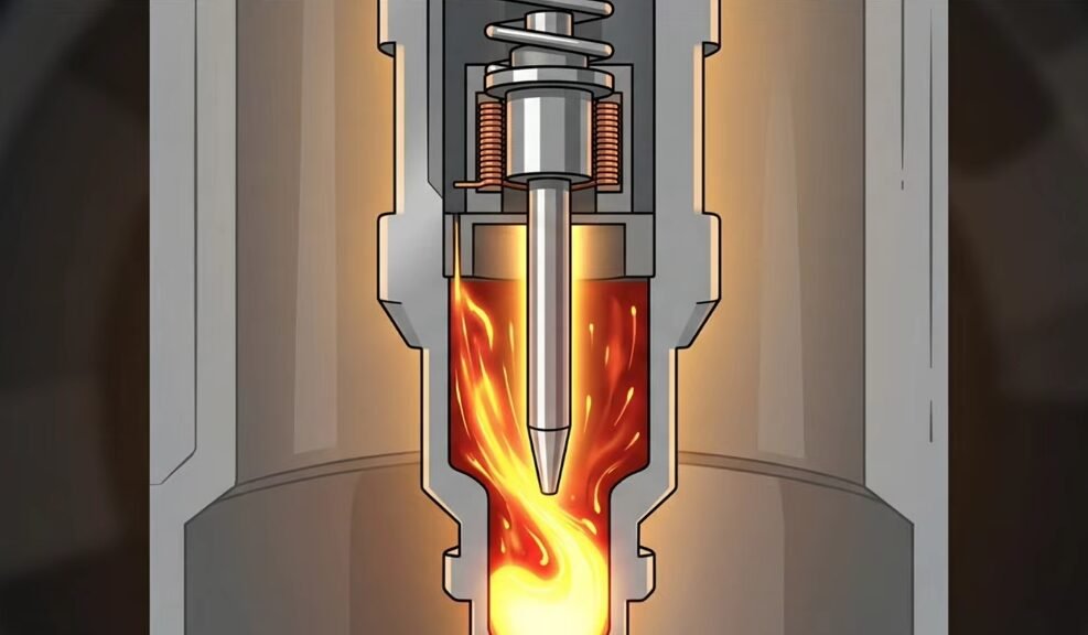 Vue en coupe du nez d'un injecteur de carburant exposé à la chaleur de la combustion