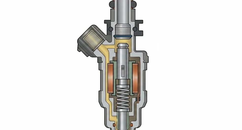 Vue en coupe d'un injecteur de carburant montrant l'électroaimant, le ressort et le pointeau