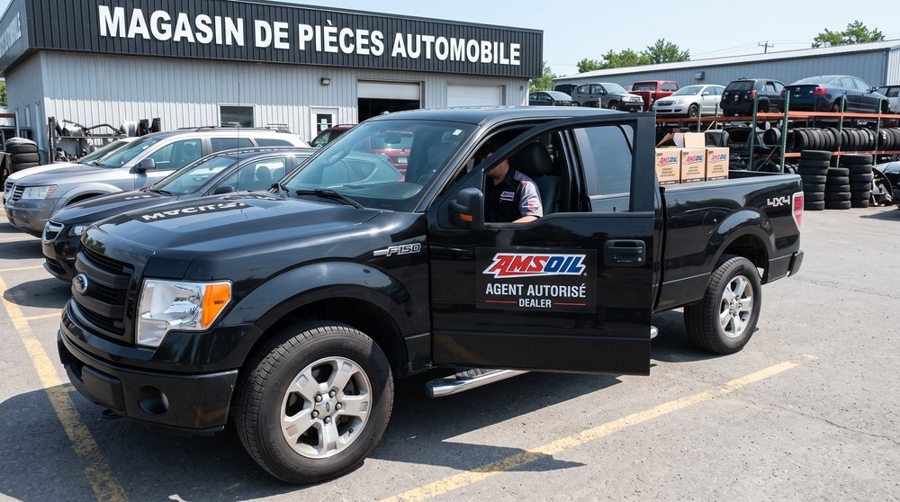 Camion identifié AMSOIL Agent autorisé livrant des caisses de produits devant un magasin de pièces automobiles