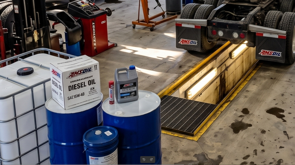Produits AMSOIL en vrac — baril, seau et caisse d'huile diesel — dans un atelier de flotte au-dessus d'une fosse d'entretien