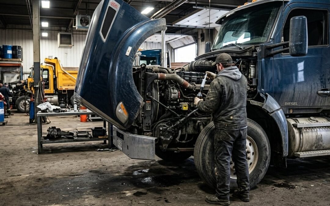 Mécanicien prélevant un échantillon d'huile moteur à la pompe à vide sur un camion lourd diesel, capot relevé, dans un atelier